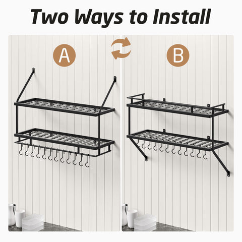 KES wall-mounted rack keeps pots, pans, and bowls within reach.