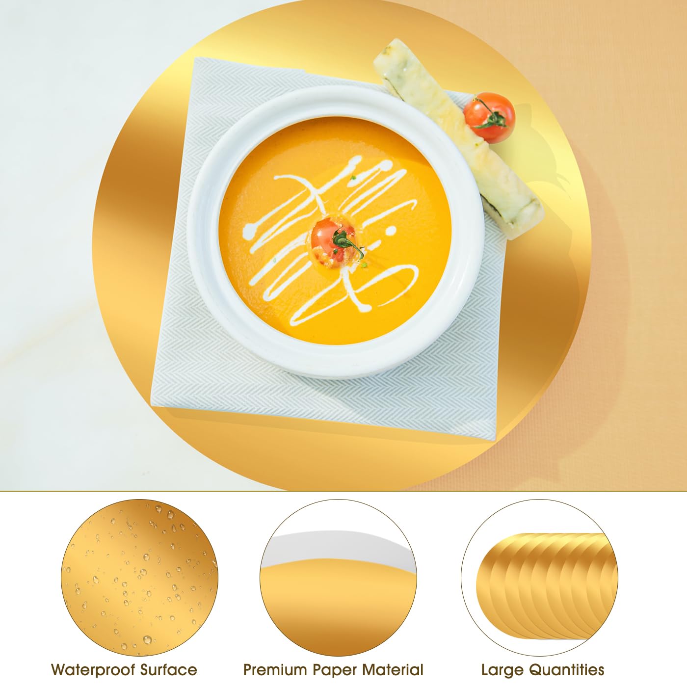 Gold foil finish adds a touch of sparkle to table settings.