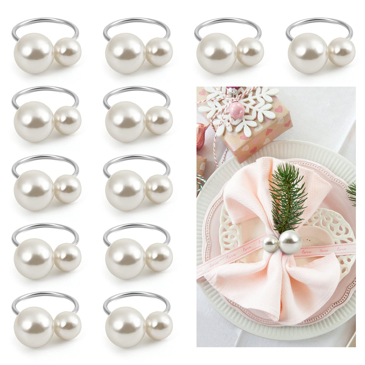 Kesote pearl napkin rings closeup on table, elegant dining shine.