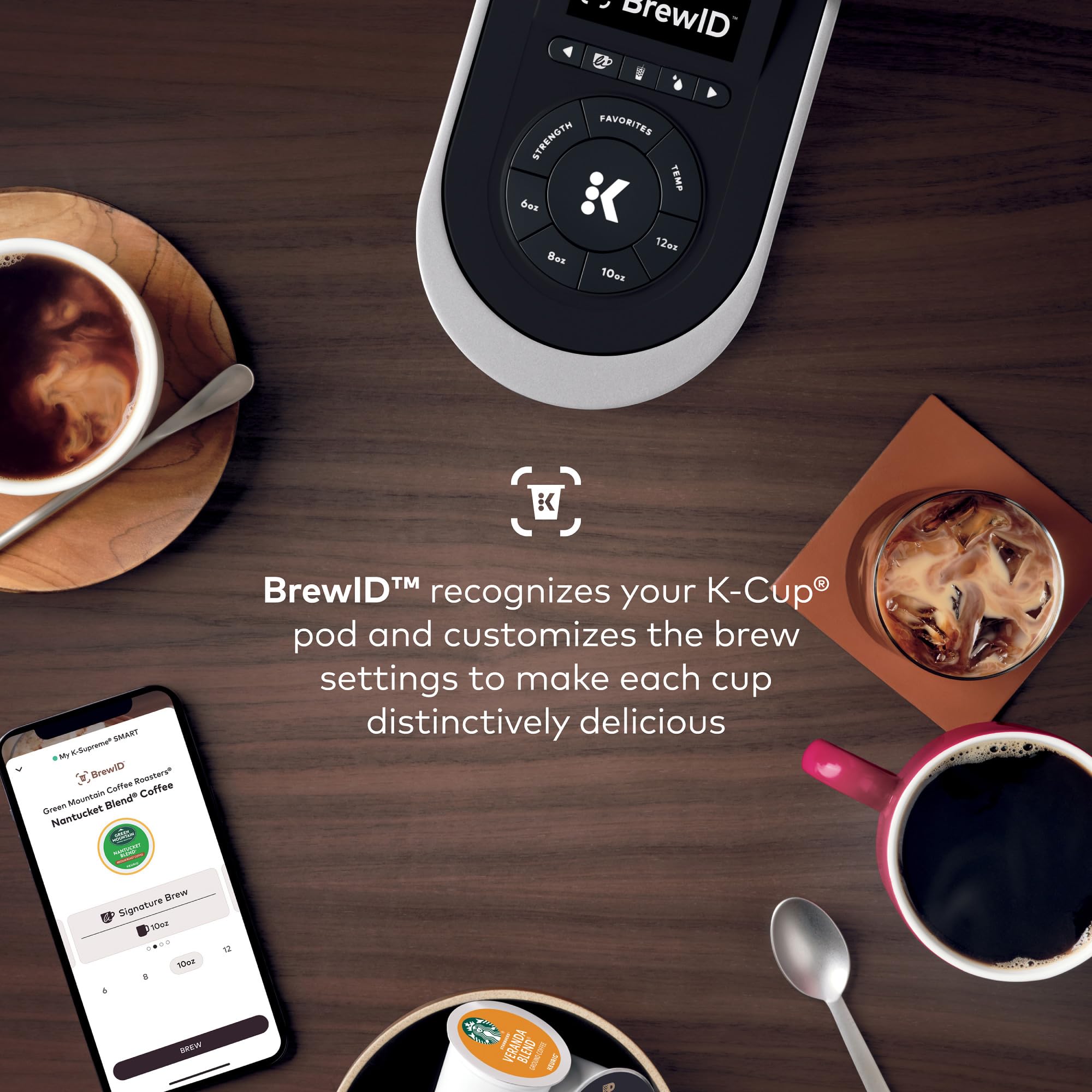 Keurig K-Supreme SMART iced coffee feature illustrates hot brew over ice