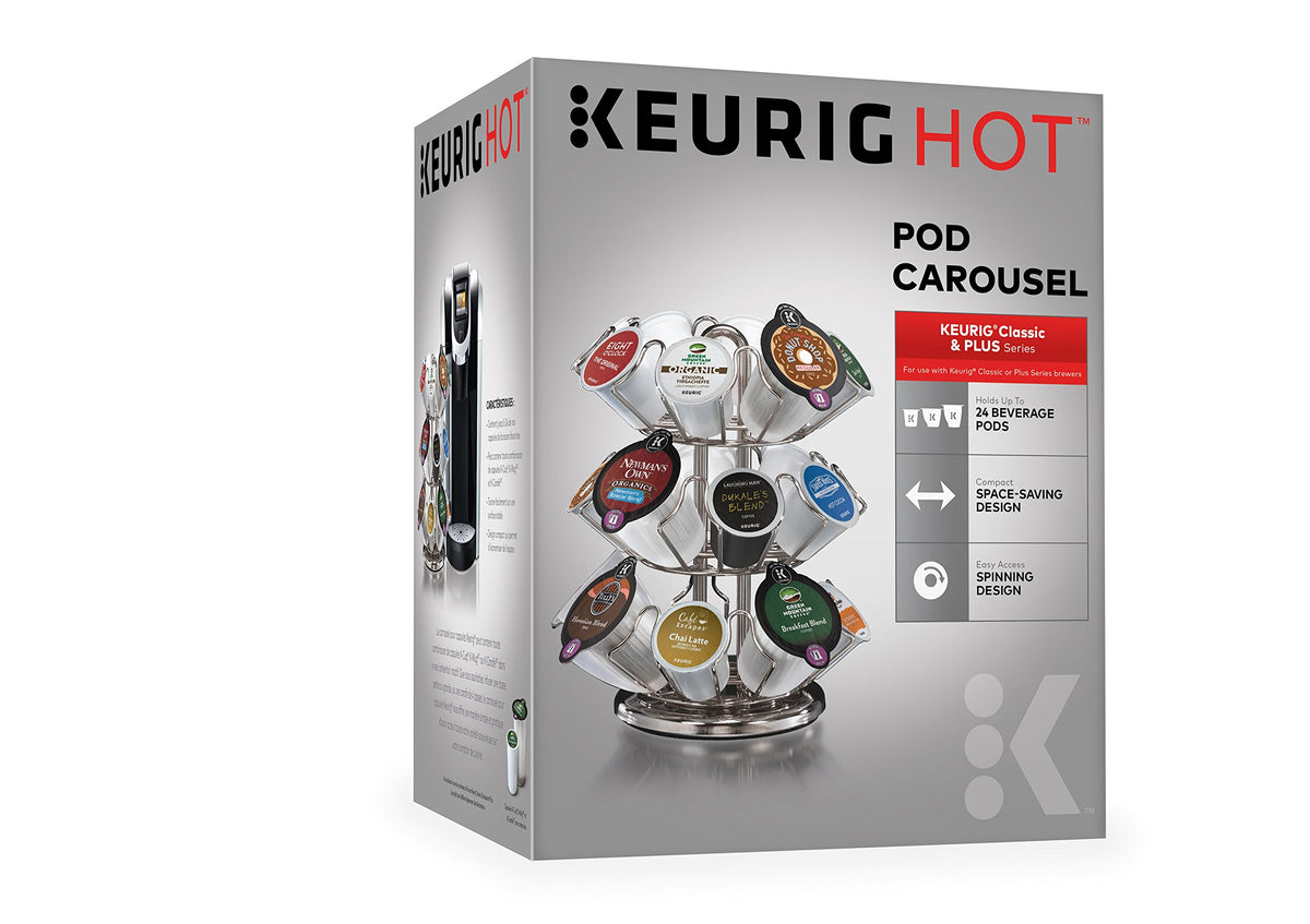 Keurig Storage Carousel in silver showing 24-pod capacity for organized brewing.