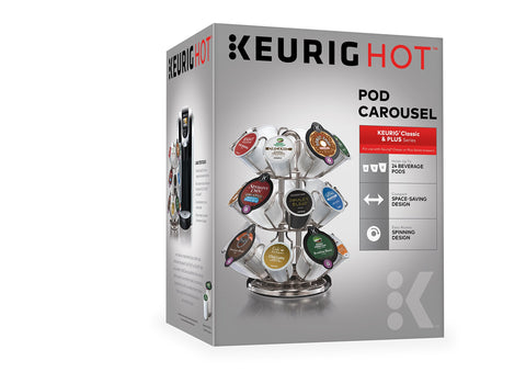 Keurig Storage Carousel in silver showing 24-pod capacity for organized brewing.