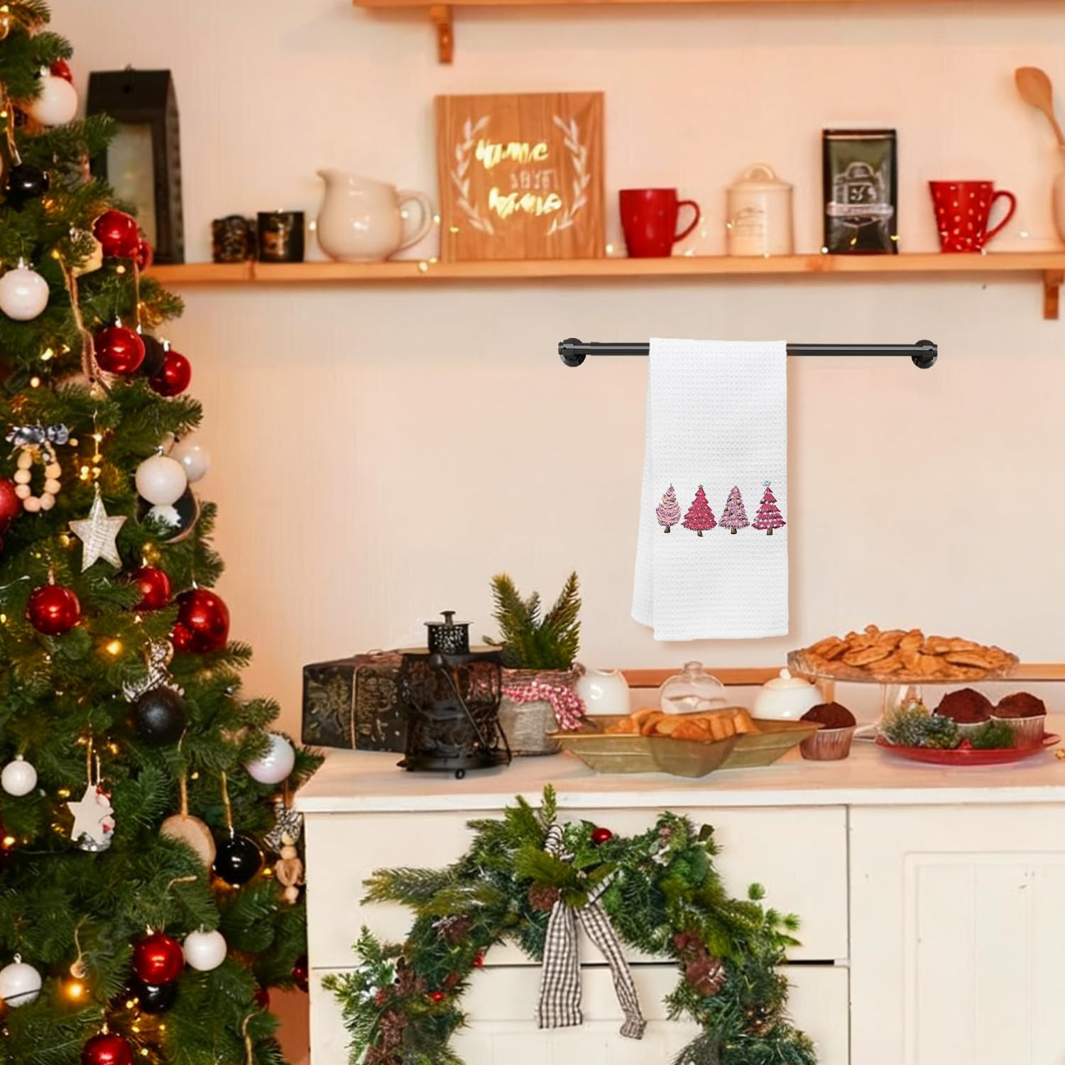 KEUSPI Pink Christmas kitchen towel bathroom display shows soft durable cotton.