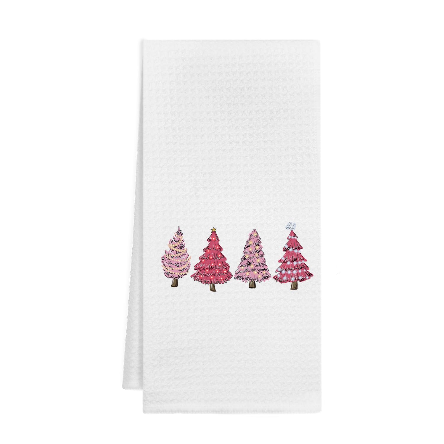 KEUSPI Pink Christmas kitchen towel folded, showing festive color and quick-dry waffle texture.