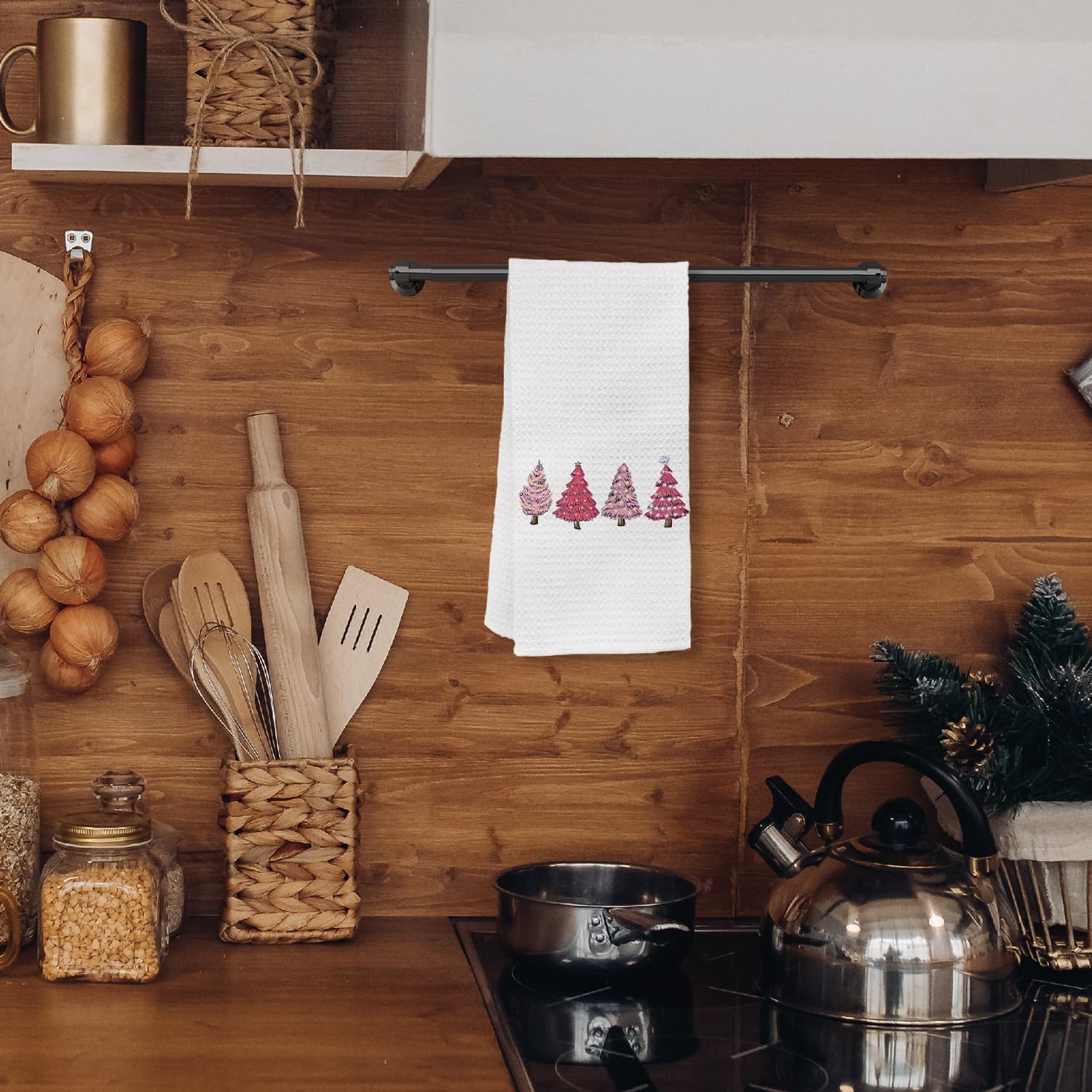 KEUSPI Pink Christmas kitchen towel hanging for decor and easy reach.