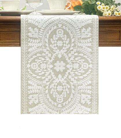 KEVA Boho table runner with white embroidery adds rustic charm to meals