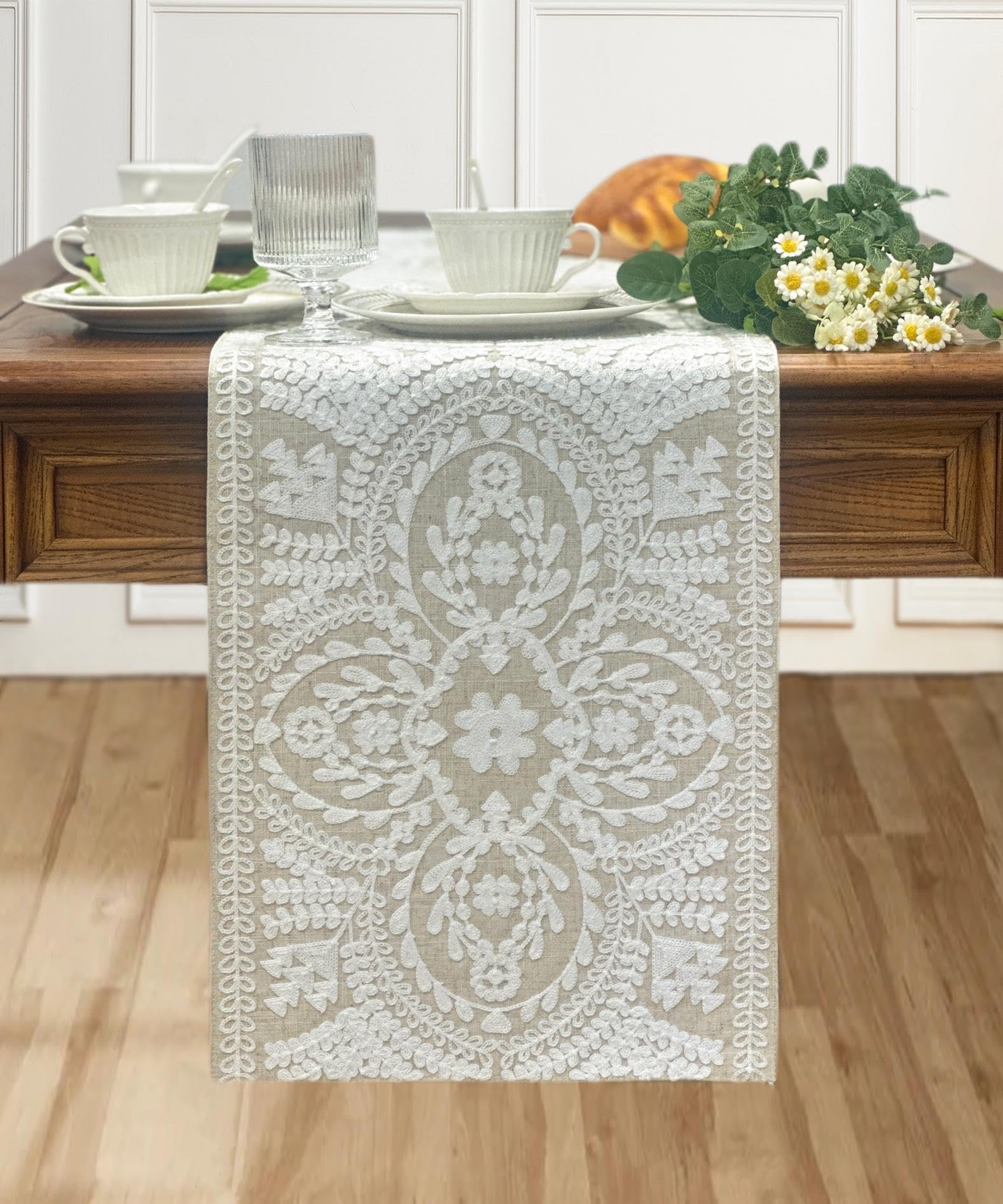 Linen-texture front on KEVA runner for durable everyday dining