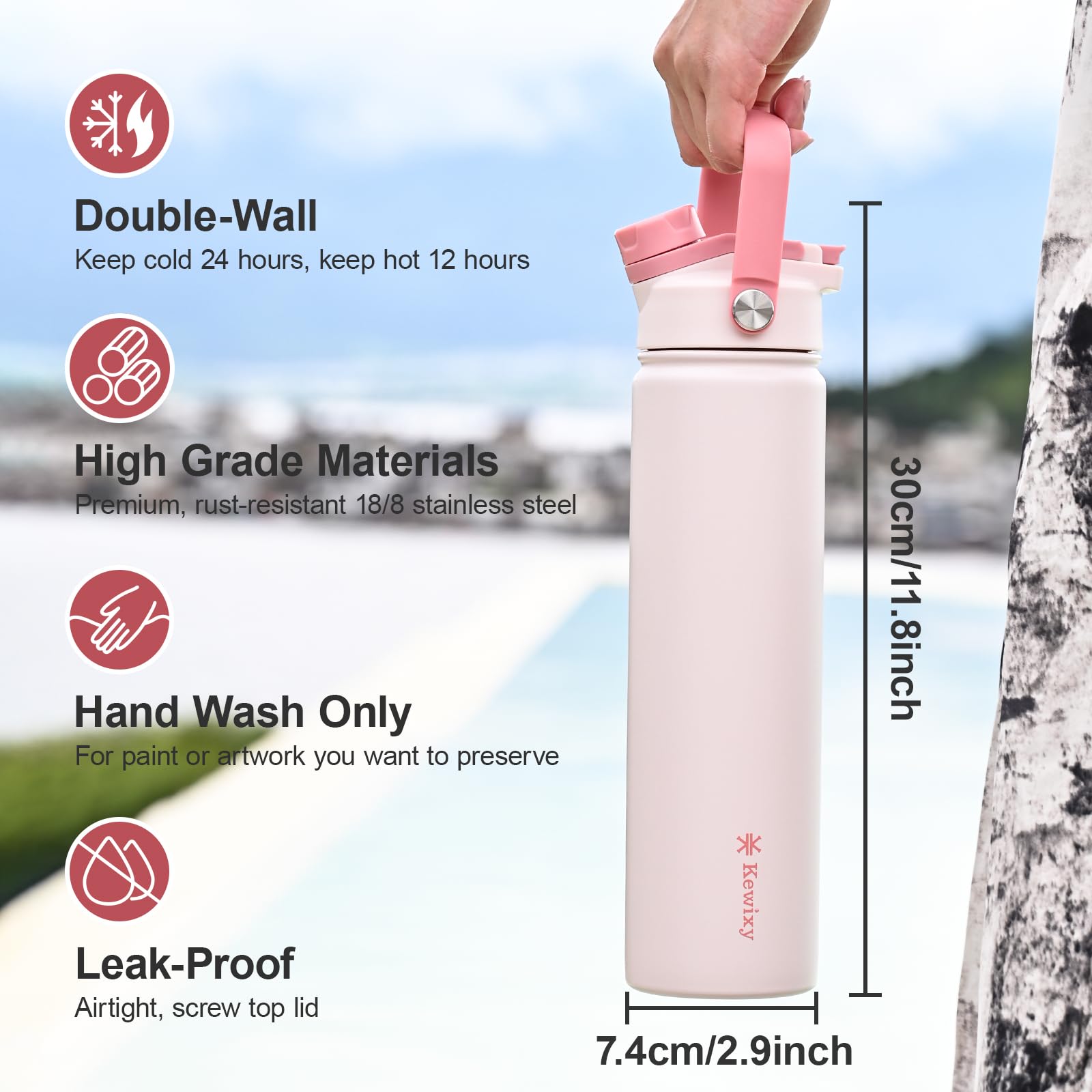 KEWIXY insulation keeps drinks cold up to 24 hours and hot up to 12.