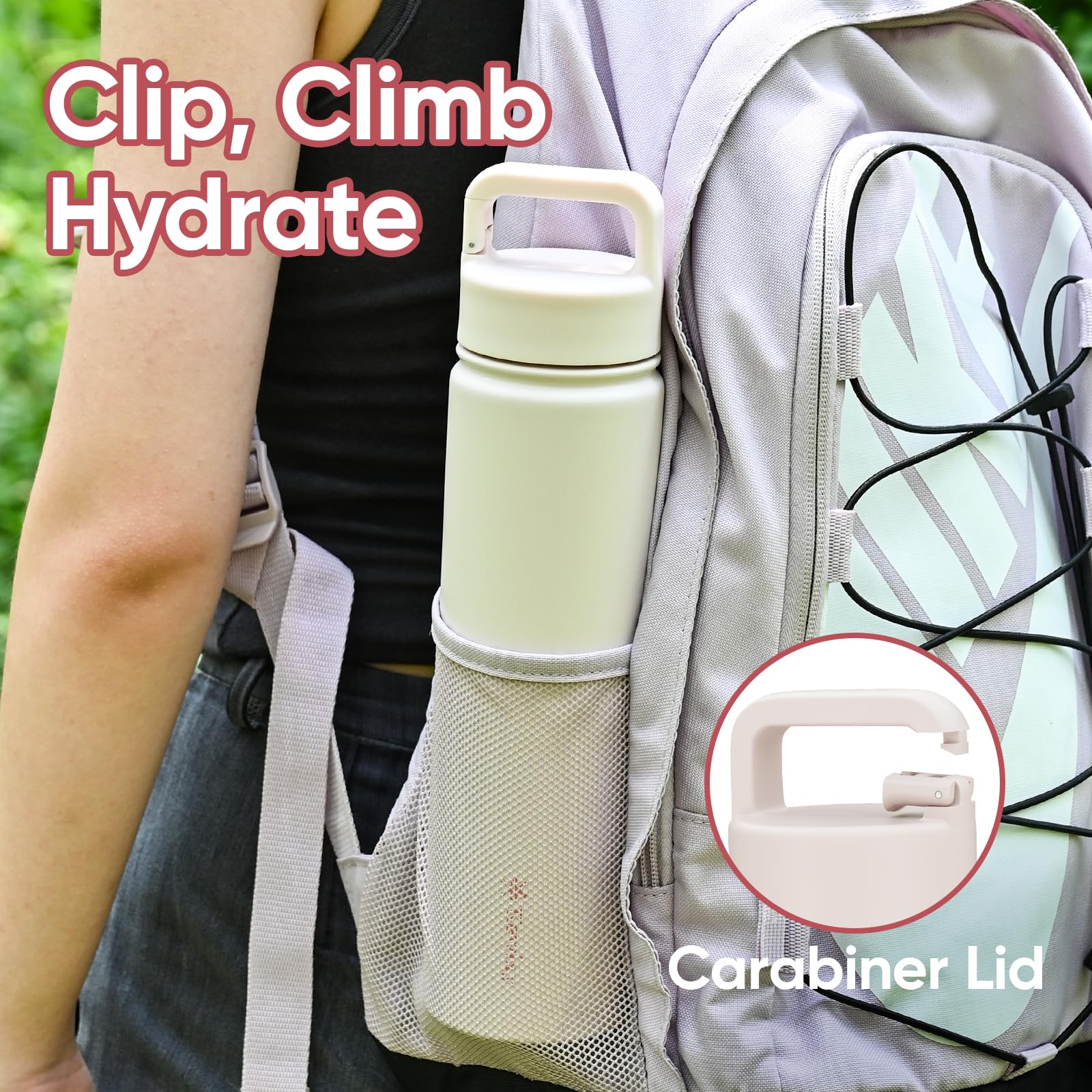 KEWIXY bottle carabiner top proves easy hands-free transport during outdoor activities.