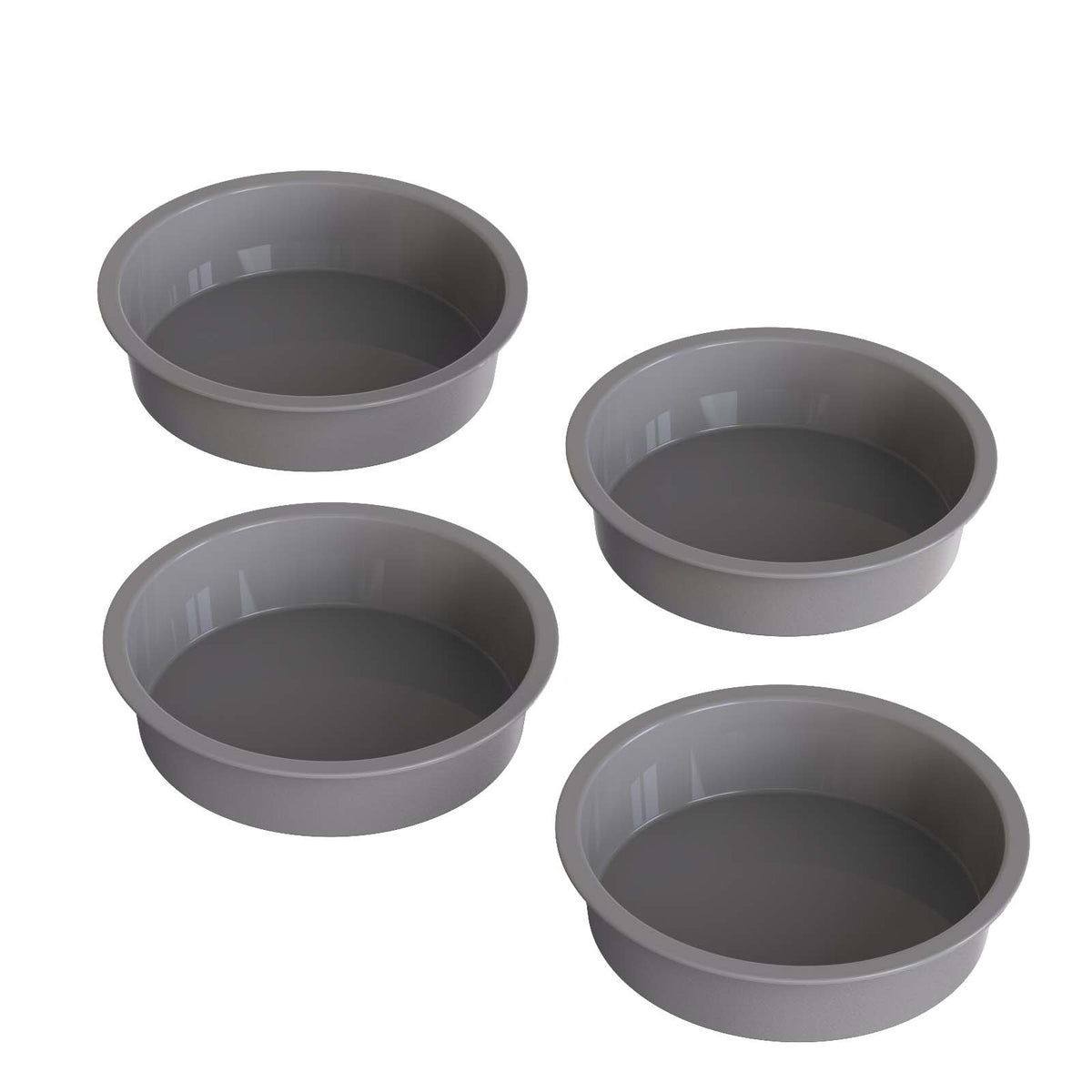 KeyFIVE silicone 5-inch round cake pan set shows four pans with easy release.