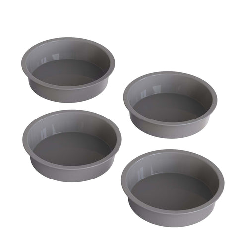 KeyFIVE silicone 5-inch round cake pan set shows four pans with easy release.