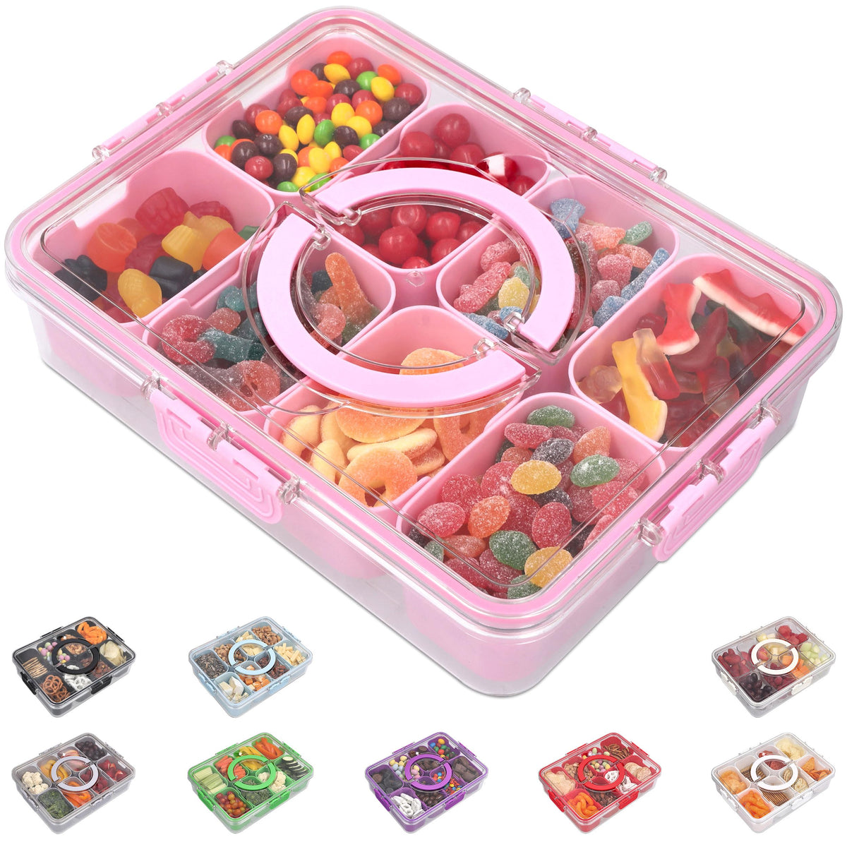 KEYVOZ Snackle Box in pink with lid is a large, portable snack organizer.