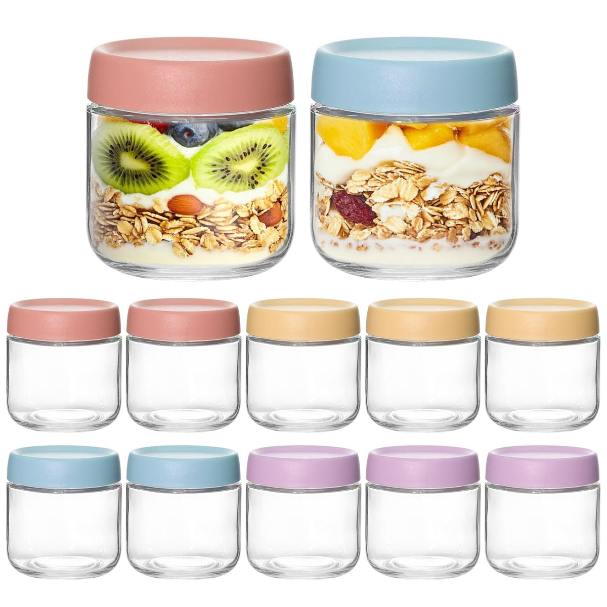 KEYWING 12-pack 10oz jars with lids, perfect for yogurt parfaits and meal prep.