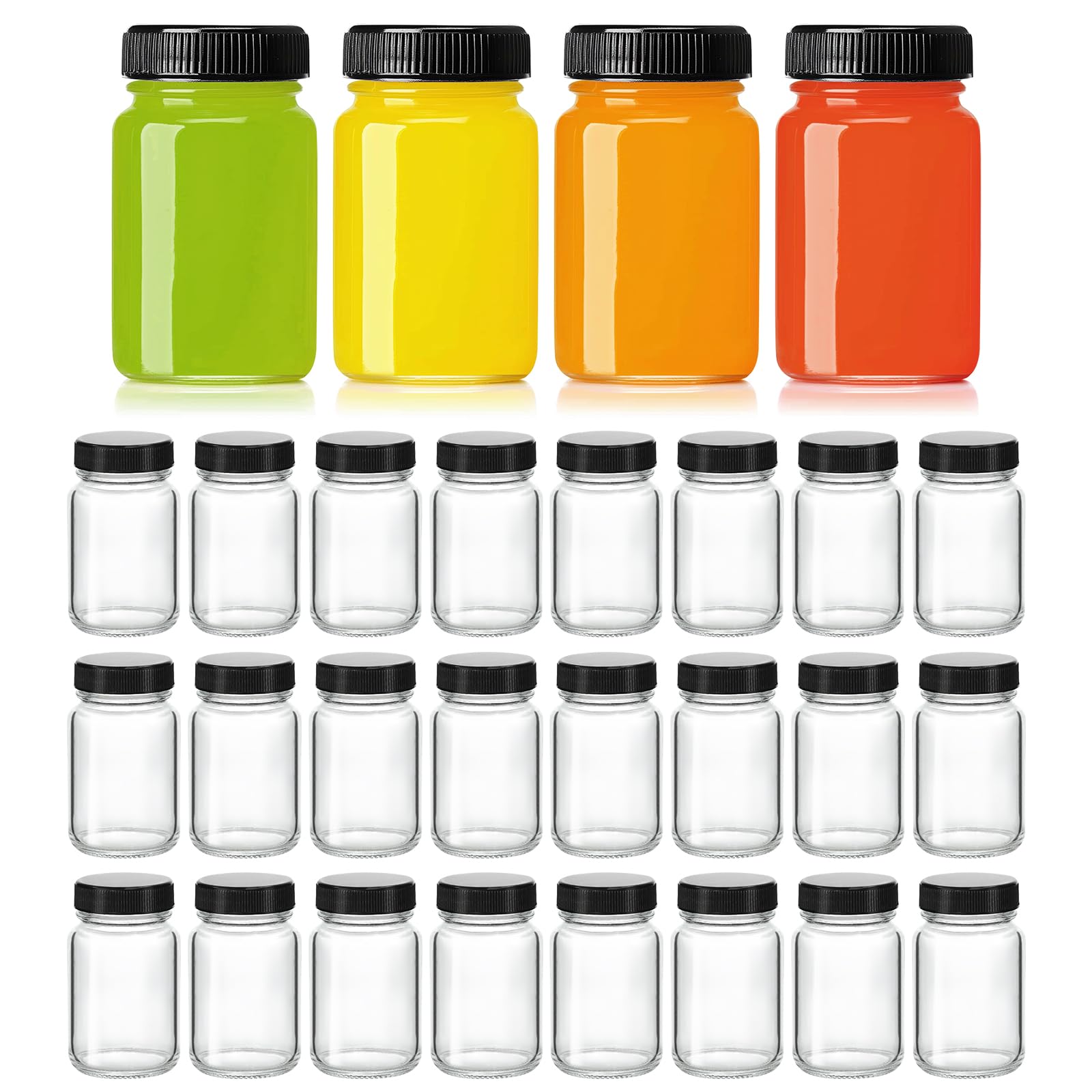 KEYWING 28-pack 2oz glass shot bottle with lids for juices and shots.