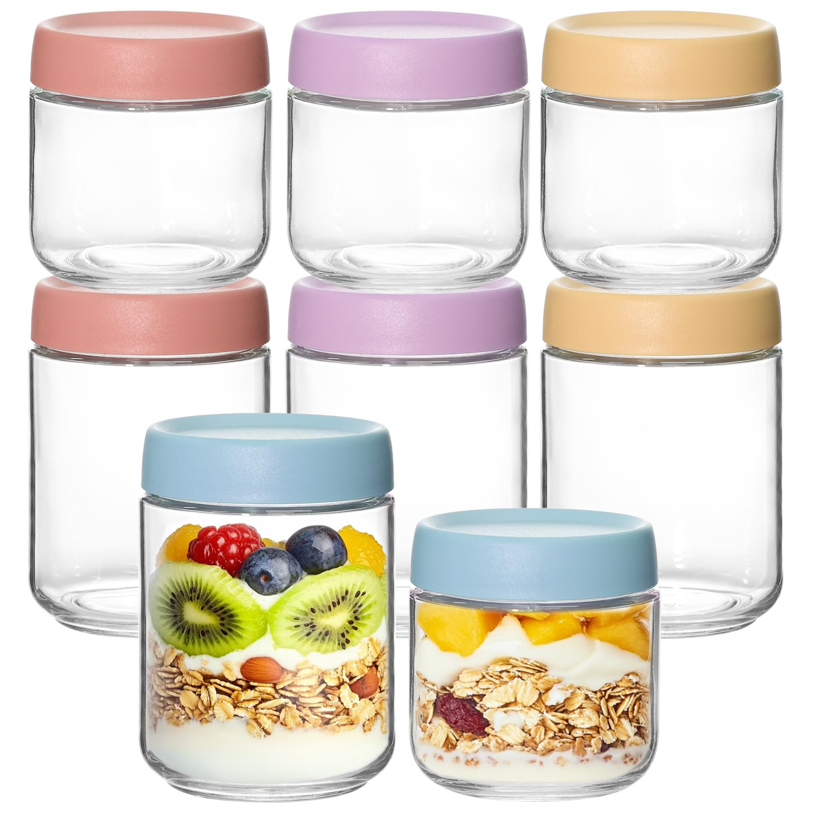 KEYWING 8-pack overnight oats jars with lids for meal prep and storage.
