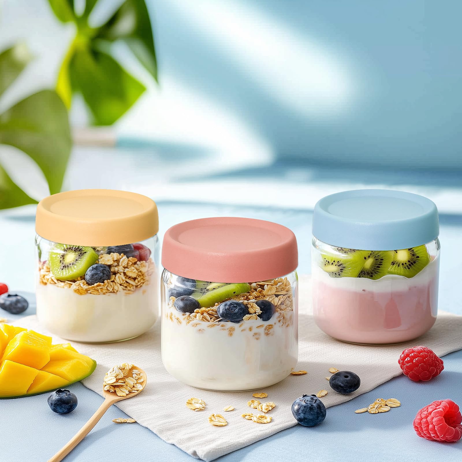 Versatile glass storage containers for refrigerator storage, soups, spices, and campus meals.
