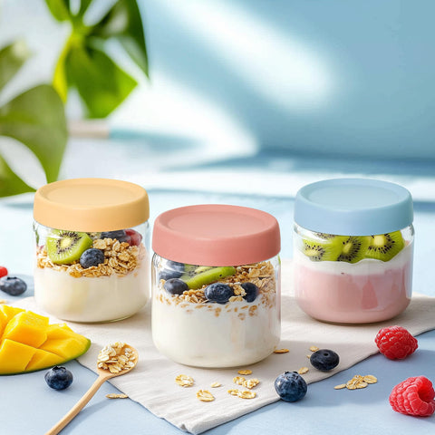 Versatile glass storage containers for refrigerator storage, soups, spices, and campus meals.