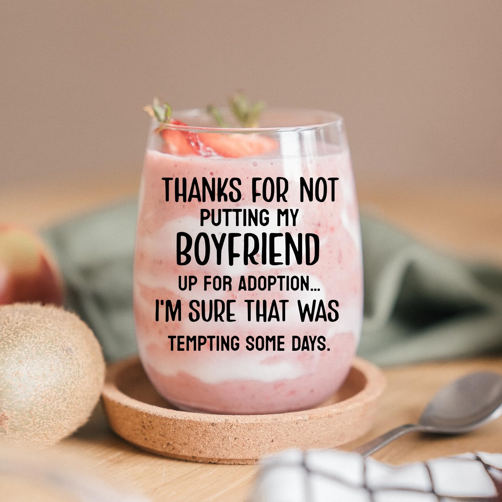 KFK gift label on the glass adds a witty touch