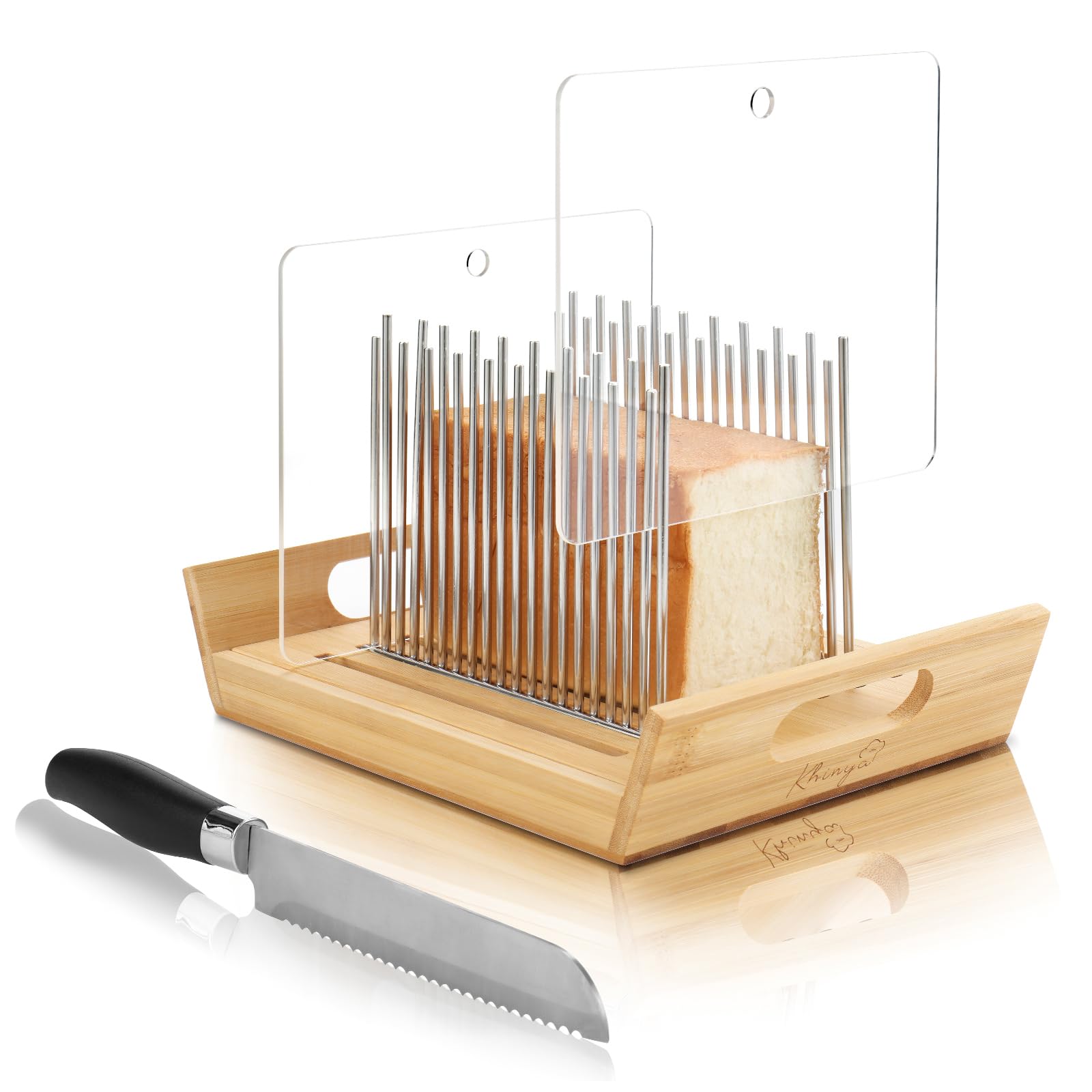 KHINYA bread slicer showing adjustable stainless steel guides for precise cuts.