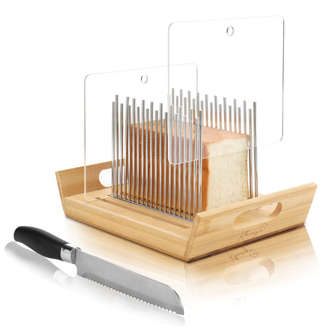 KHINYA bread slicer showing adjustable stainless steel guides for precise cuts.