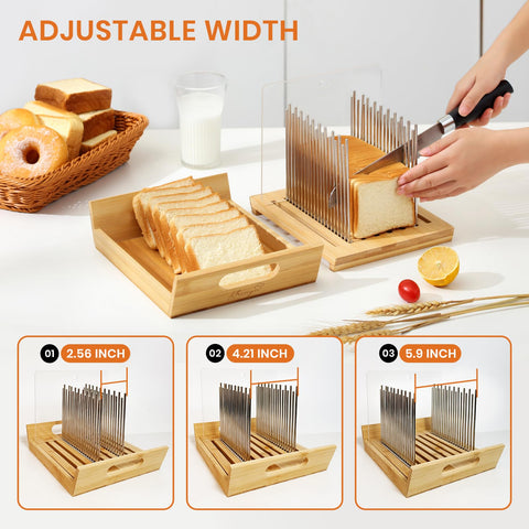 KHINYA bread slicer with three adjustable width settings for various loaves.