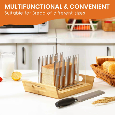KHINYA bread slicer crumb-catching tray used as a serving tray for sliced bread.