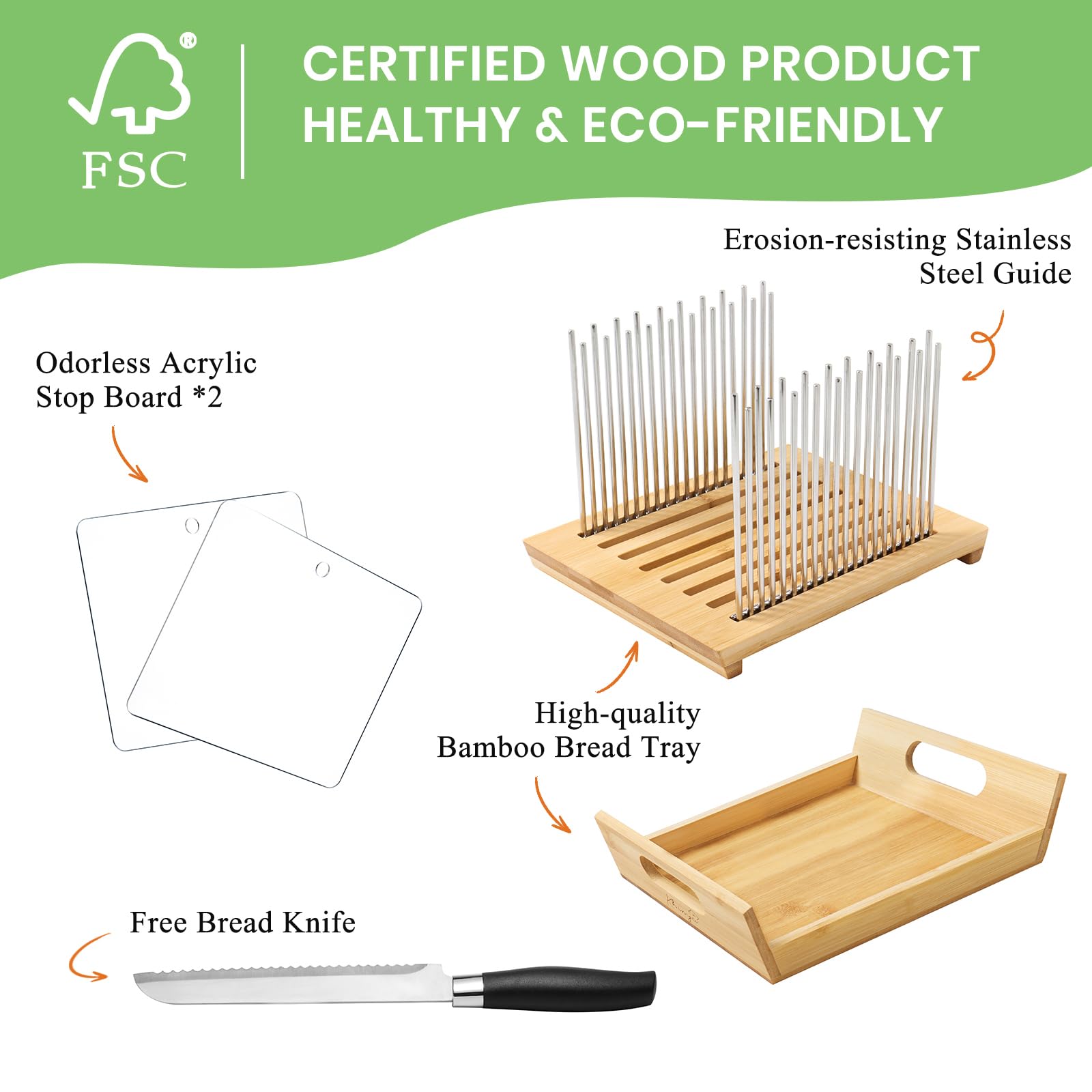 KHINYA bread slicer highlighting premium bamboo tray and rust-proof guides.