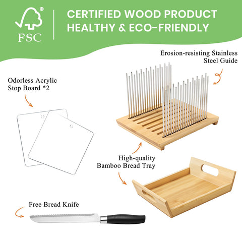 KHINYA bread slicer highlighting premium bamboo tray and rust-proof guides.