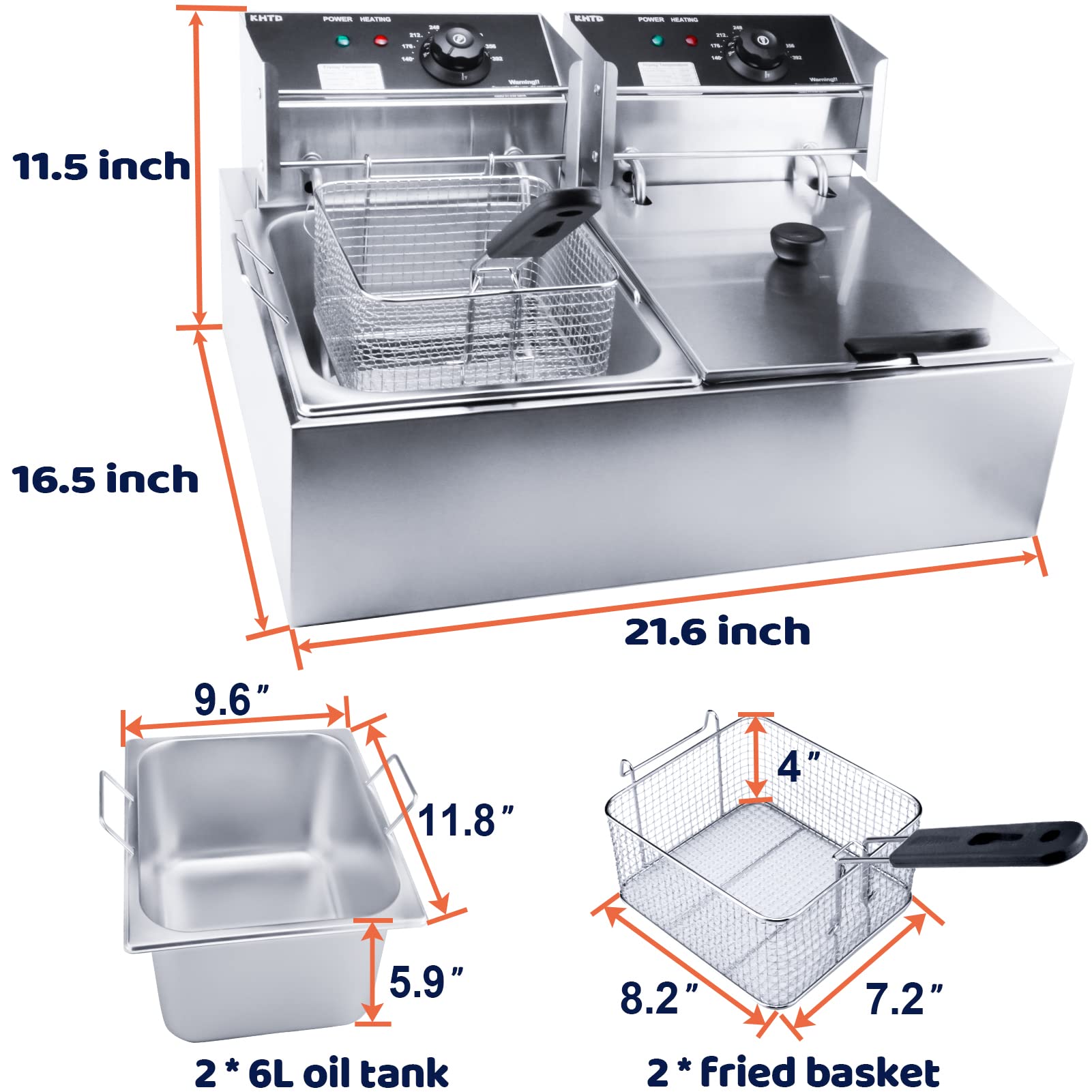 KHTD two 10.7 qt oil tanks support simultaneous frying.