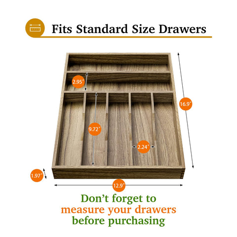 Kiasthome Acacia organizer highlights grooved dividers for defined utensil zones.