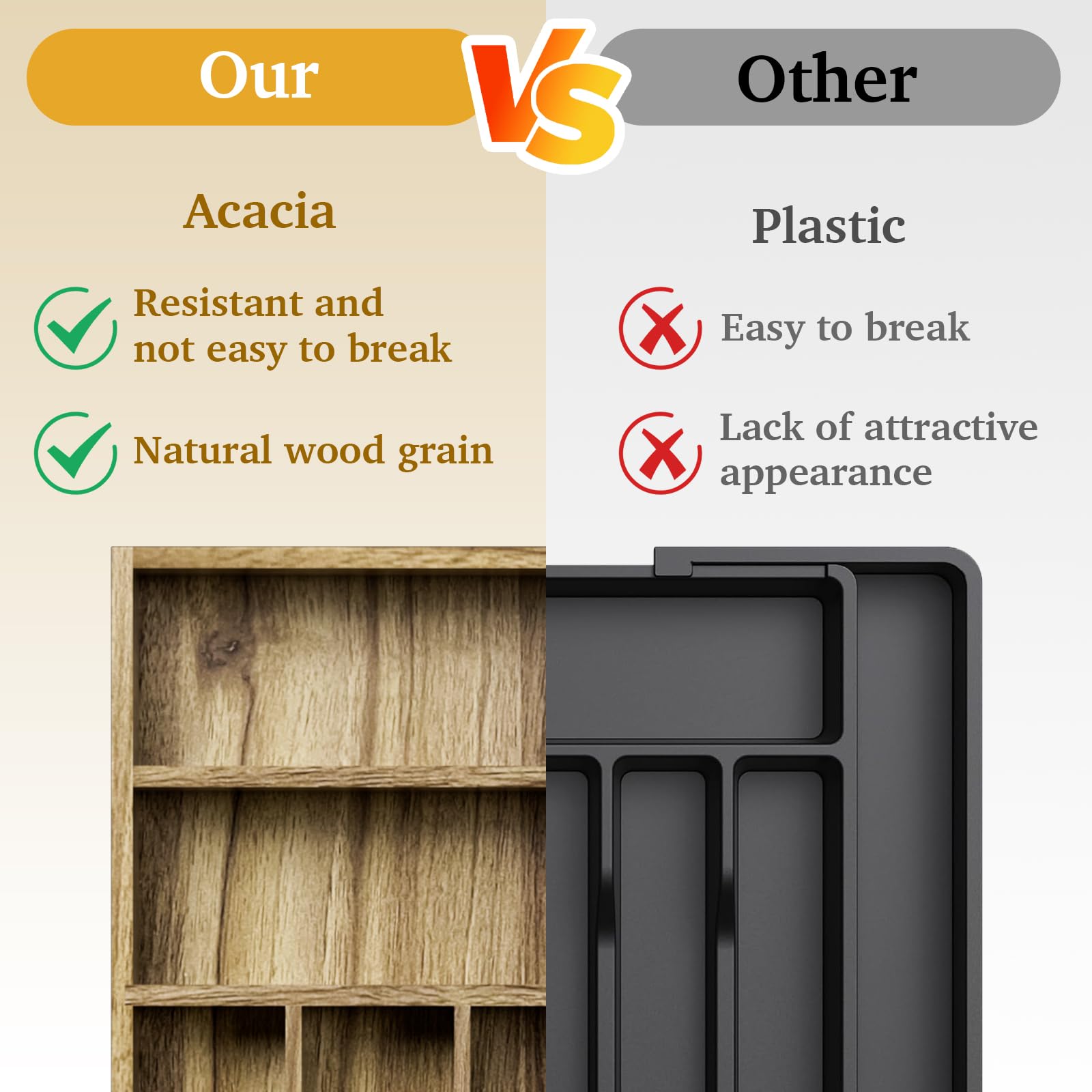 Elegant design enhances kitchen drawer aesthetics with the organizer.