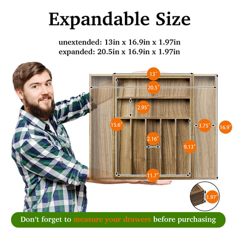 Kiasthome Acacia wood drawer organizer with 7-9 compartments keeps utensils neatly separated.