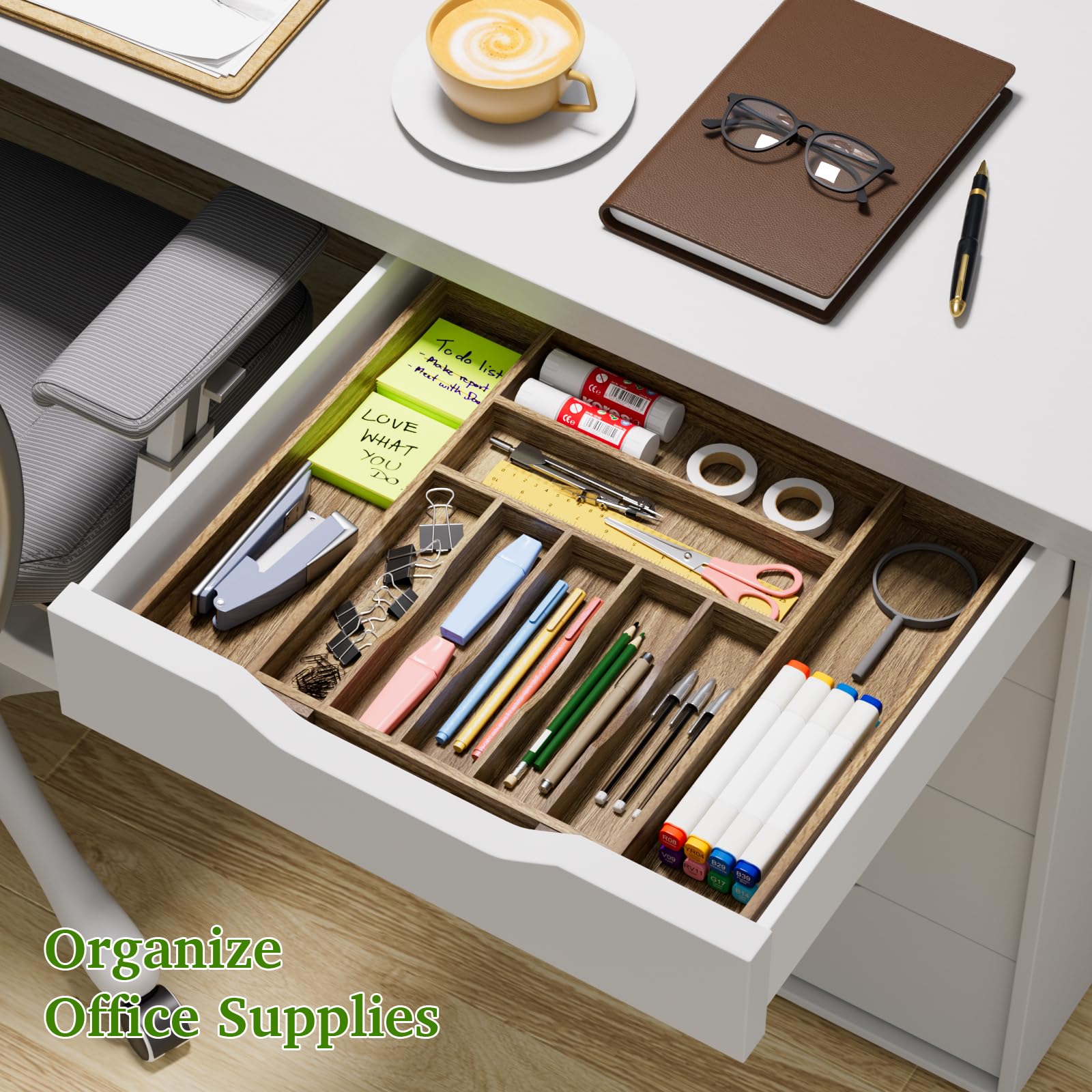 Kiasthome Acacia organizer with grooved dividers guides utensils for quick access.