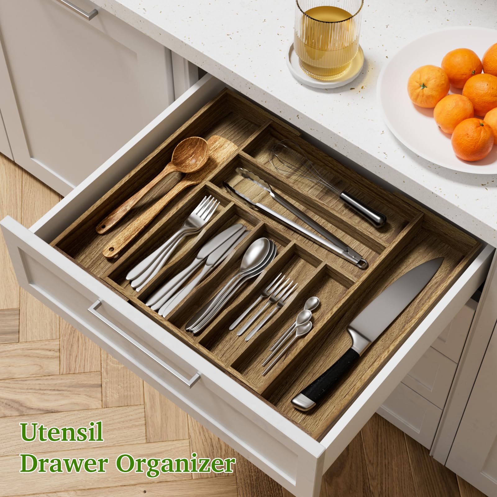Kiasthome Acacia wood organizer with knife slot keeps sharp utensils accessible.