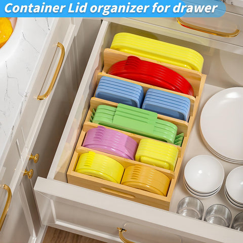 Kiasthome bamboo container lid organizer with grabby handles for easy transport.