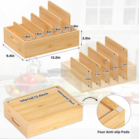 Kiasthome lid storage in bamboo fits drawers, improving cabinet organization.