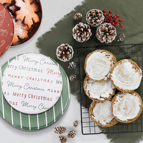 KIBAGA holiday table display with three festive tins adds seasonable charm.