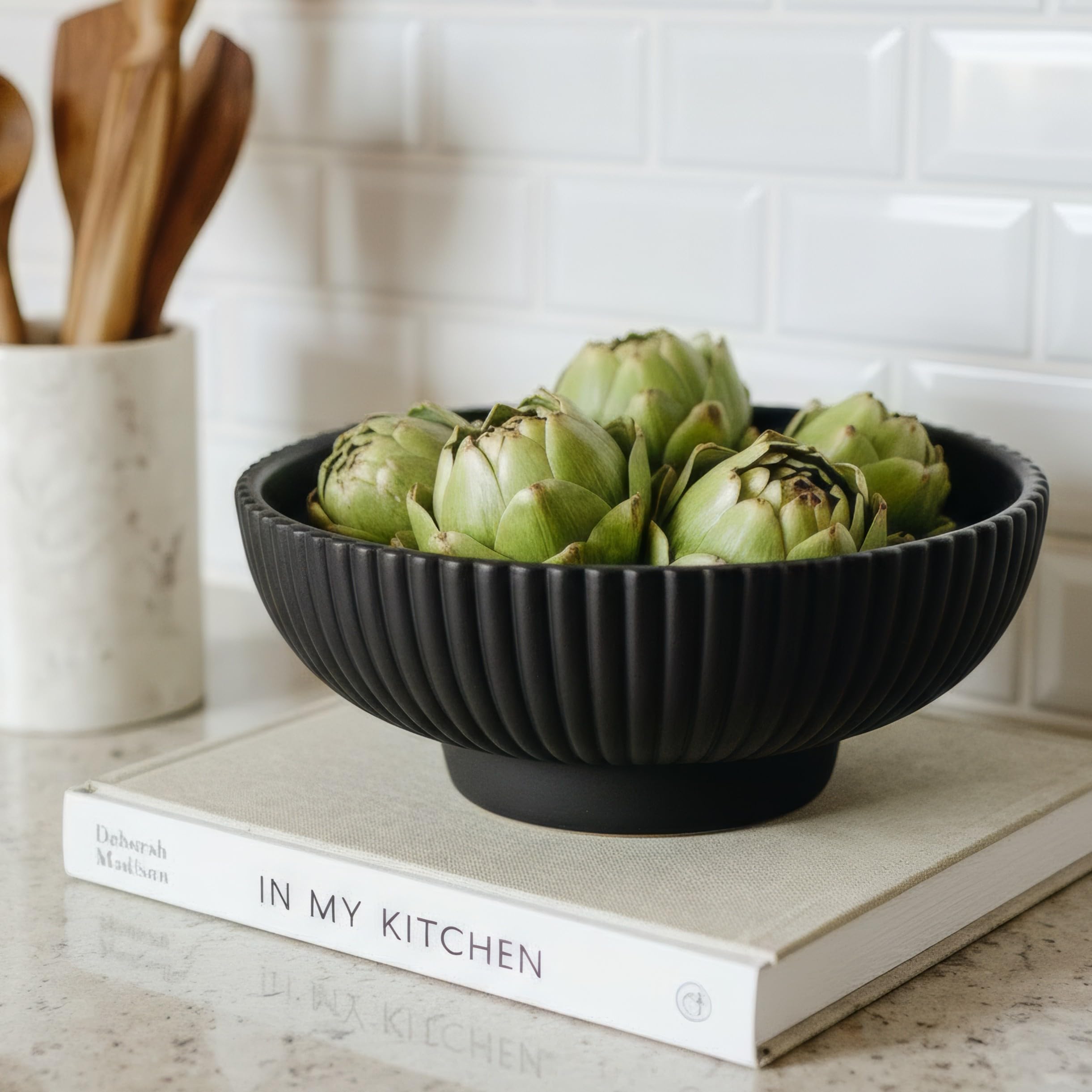 KIBAGA decorative concrete fruit bowl front view shows modern minimalist design