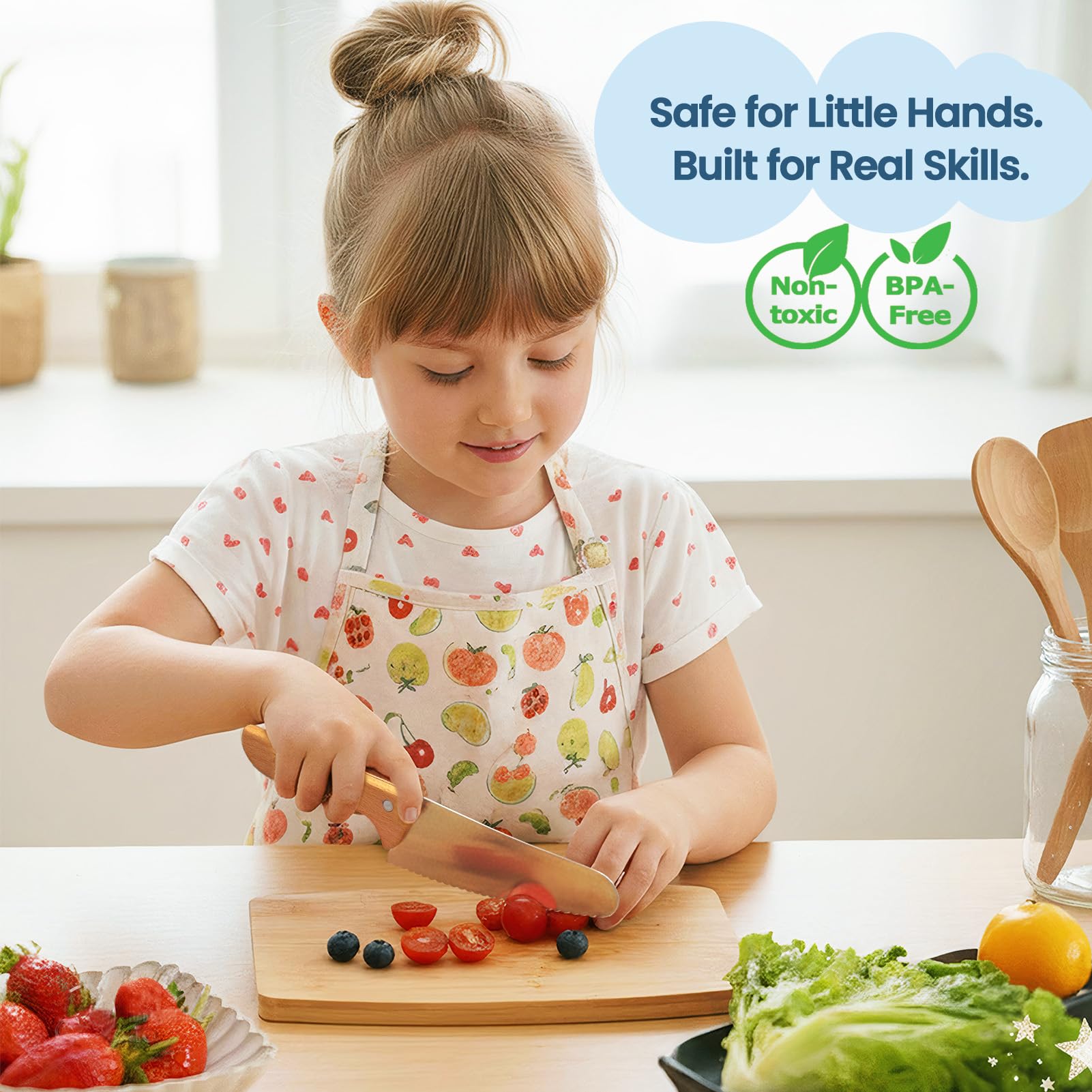 Kibbidea 11-piece cutting board and knives layout ideal for family cooking sessions