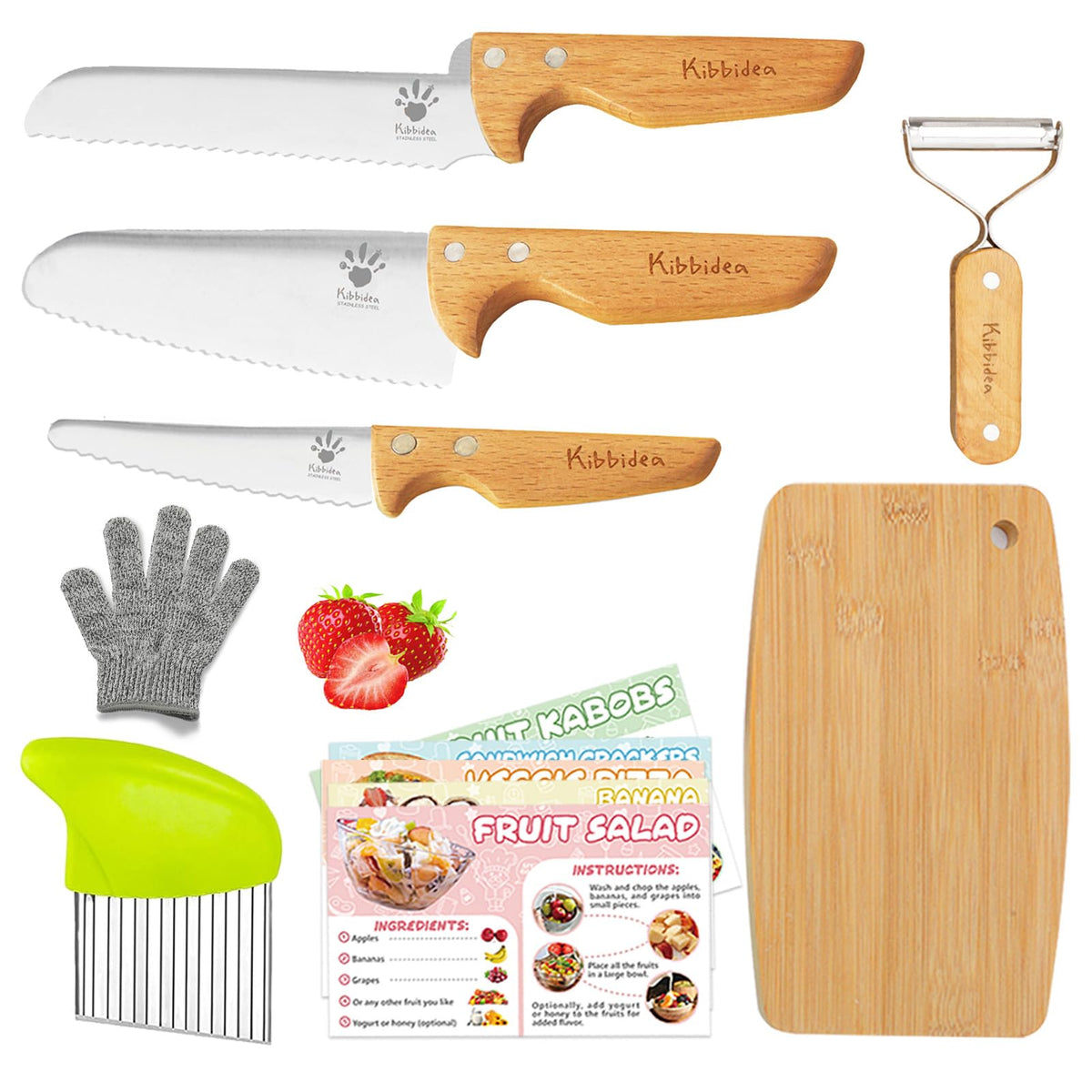 Kibbidea kids safe knives set contents for beginner cooks with child-friendly, supervised learning