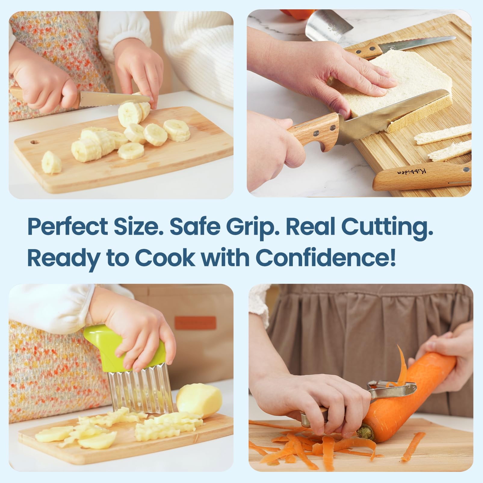 Kibbidea round-tip serrated edges reduce skin risk during practice meals