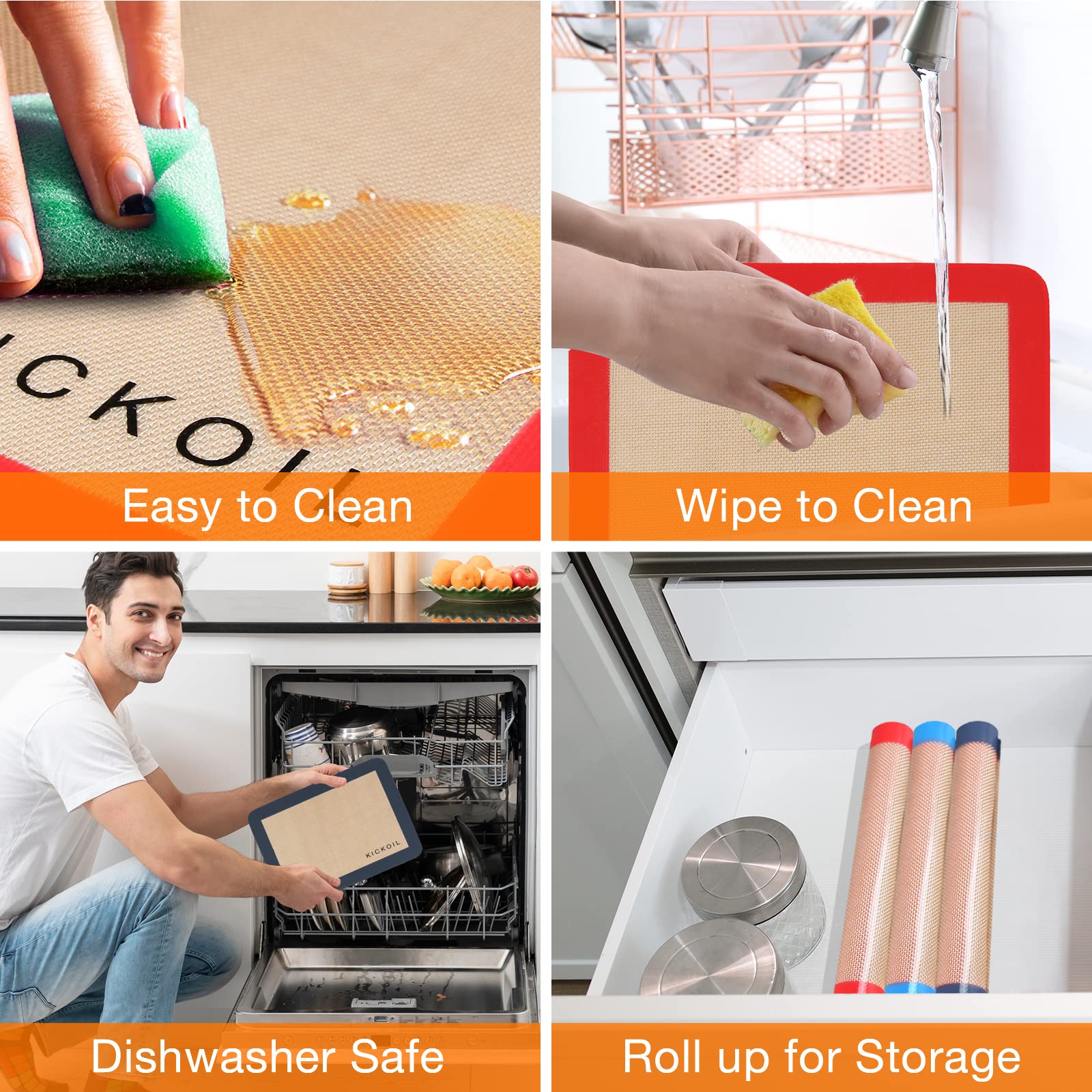 KICKOIL easy-clean mats are dishwasher-safe for fast cleanup after cookies, veggies, or bread.