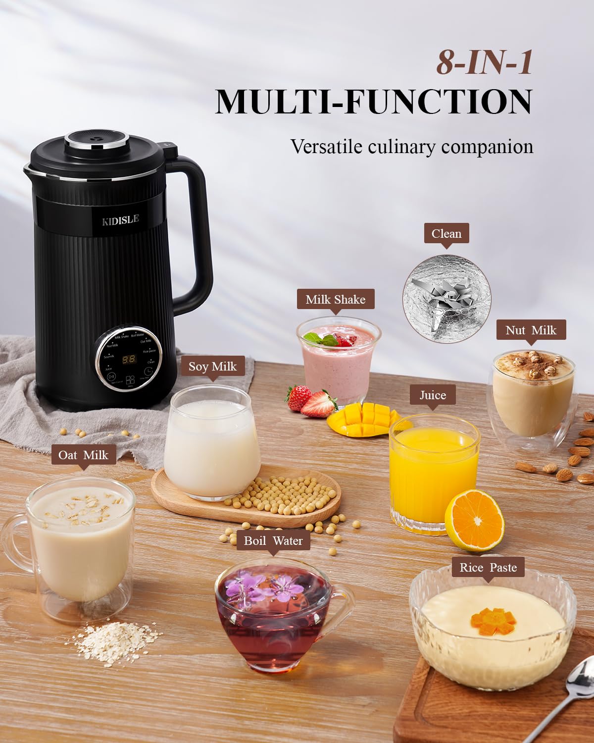 KIDISLE 32oz machine side panel with digital controls for oat, almond, and coconut milks.