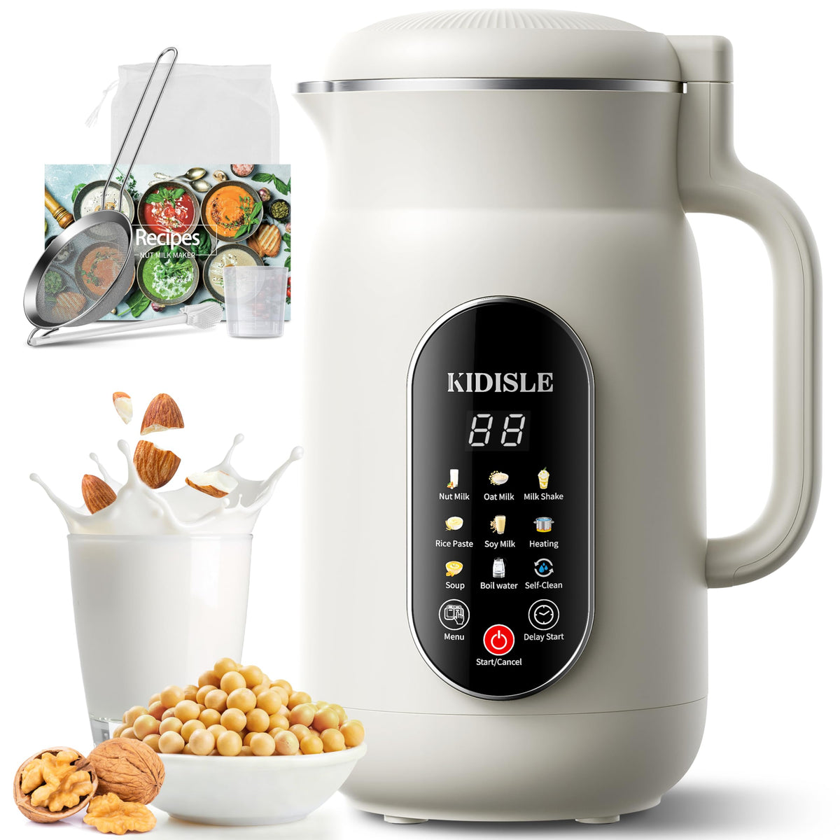 KIDISLE 51oz nut milk maker front view, ideal for family-size batches of milk.