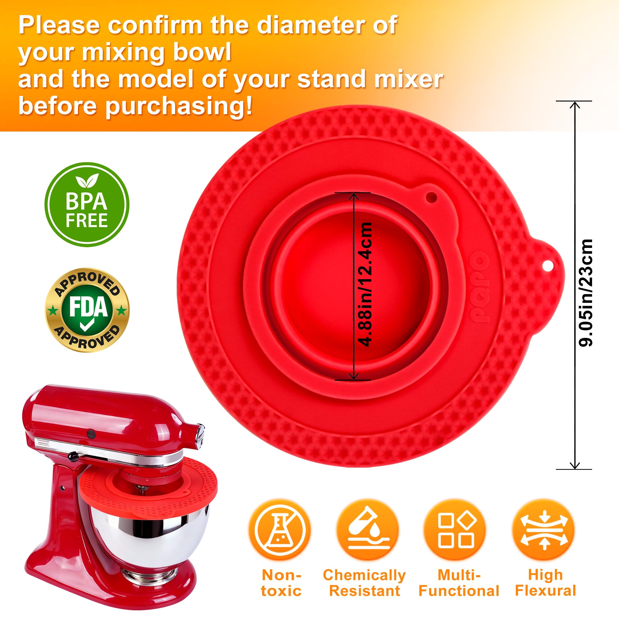 KIDOT splash guard for mixer bowl reduces flour mess during mixing.