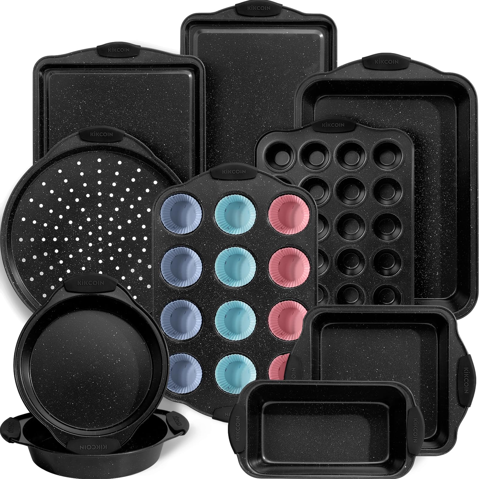 Kikcoin 22-piece bakeware set stacked for space-saving storage.
