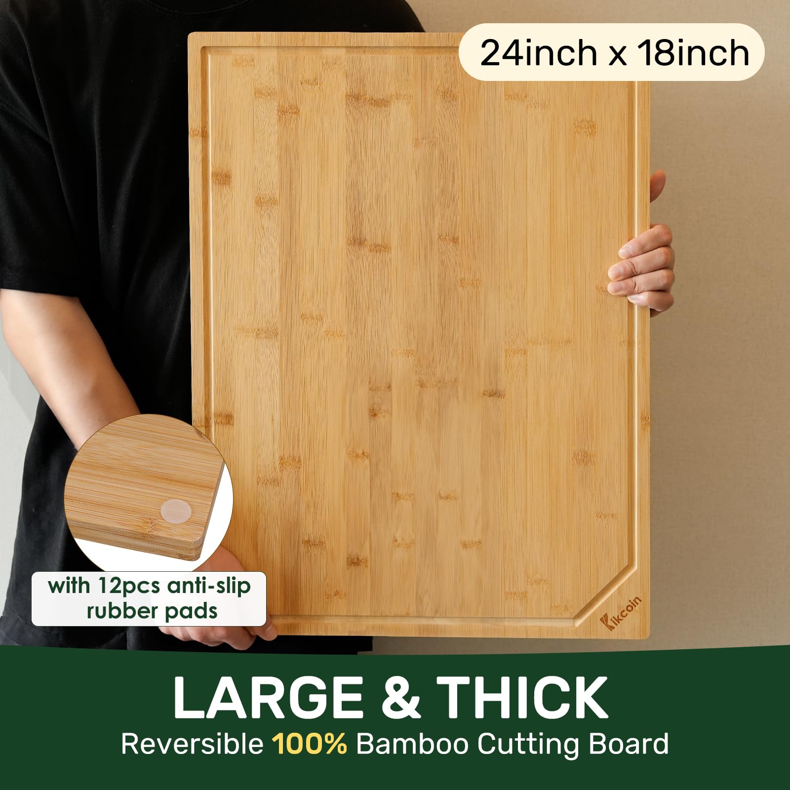Kikcoin bamboo cutting board with reversible surface for raw and cooked prep
