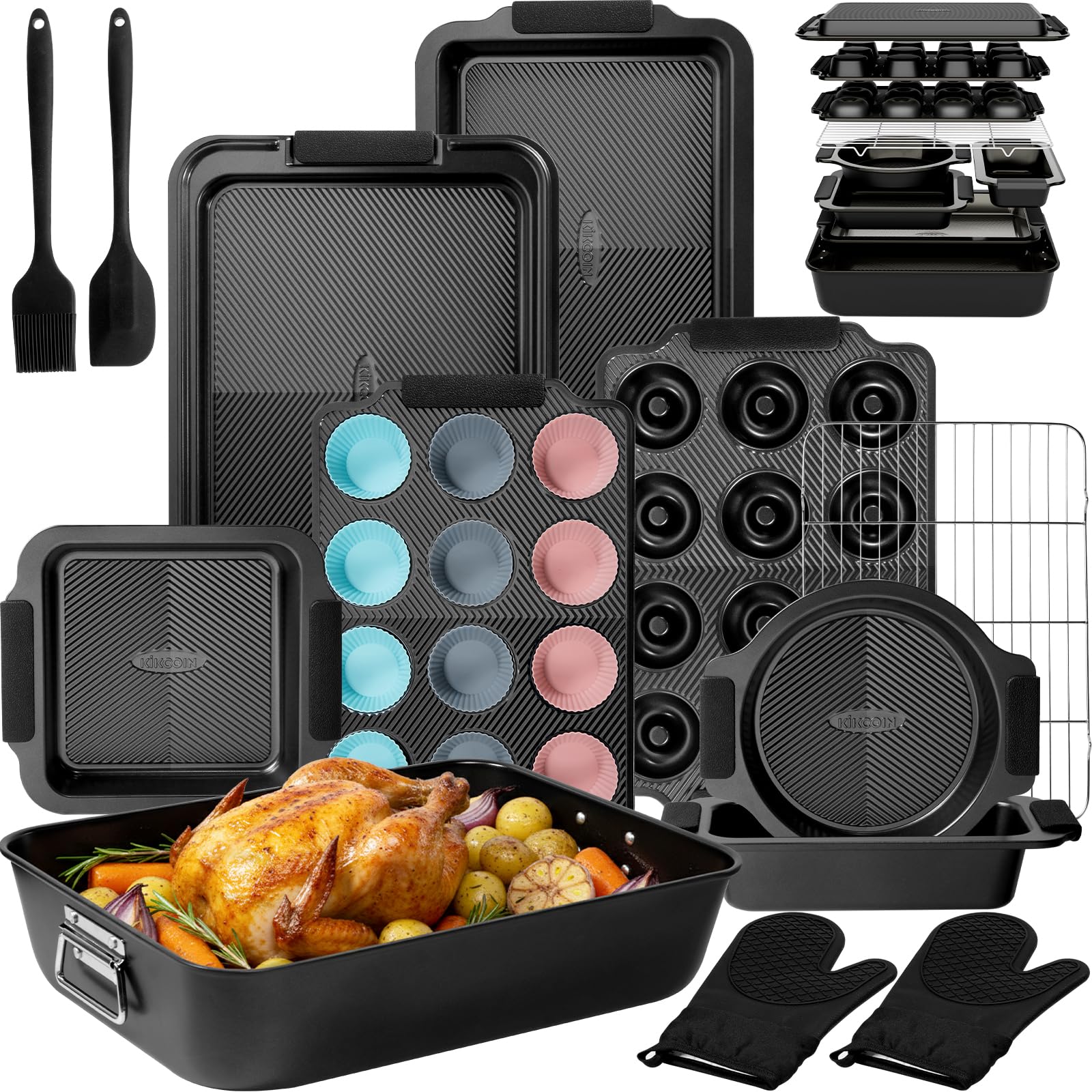 Kikcoin 25-pcs stackable baking pans set demonstrates compact storage and organized kitchen