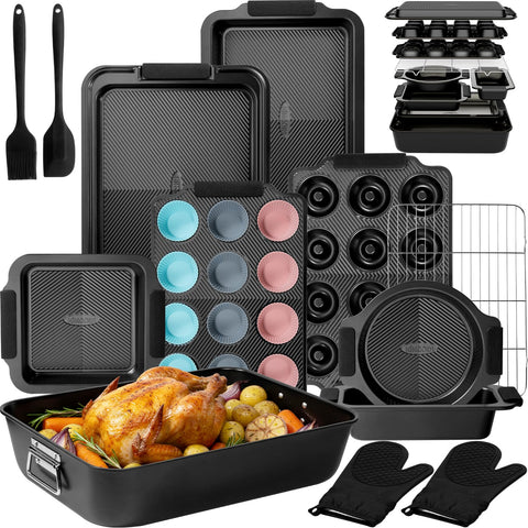 Kikcoin 25-pcs stackable baking pans set demonstrates compact storage and organized kitchen