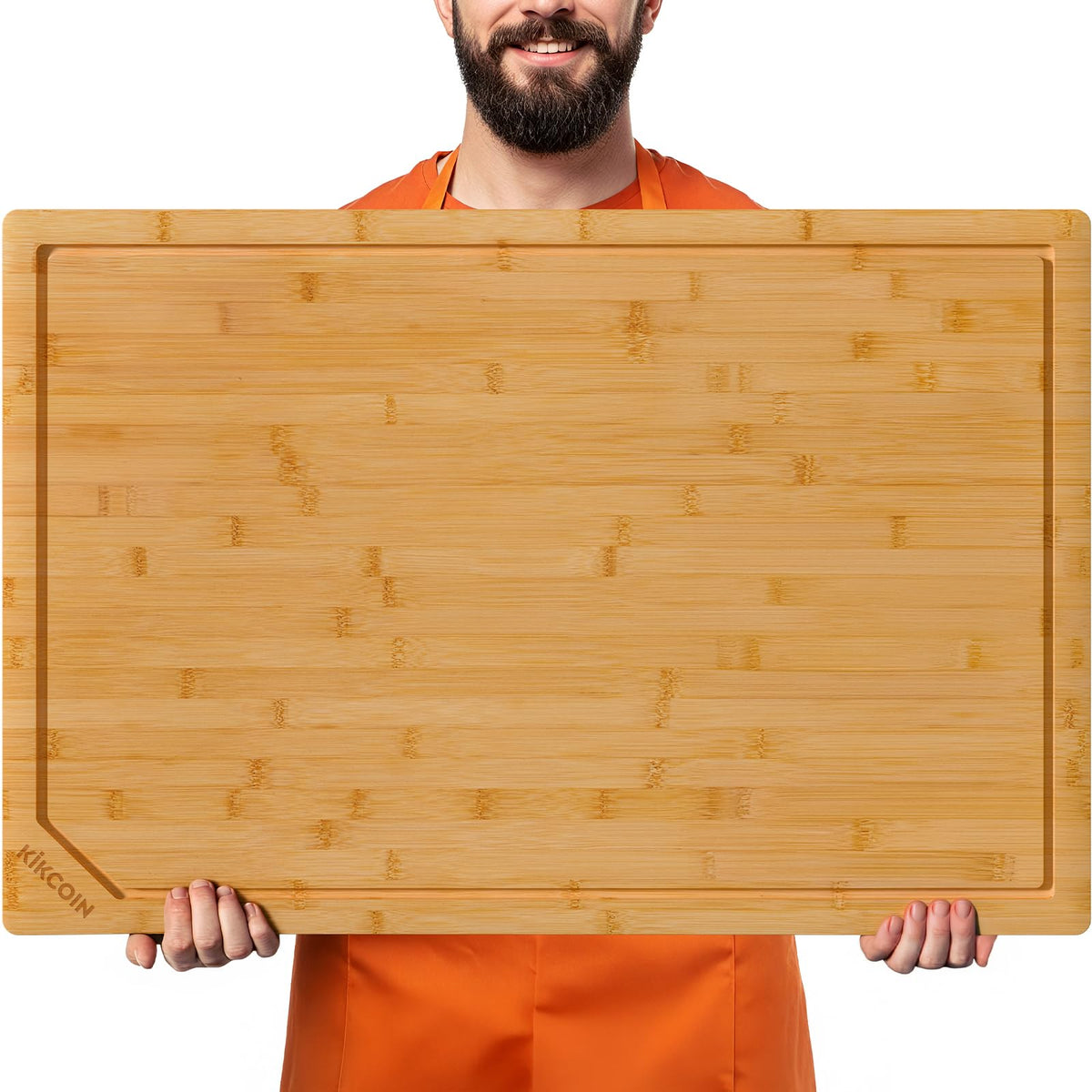 Kikcoin 36x24 bamboo cutting board on a counter provides expansive prep space for meals